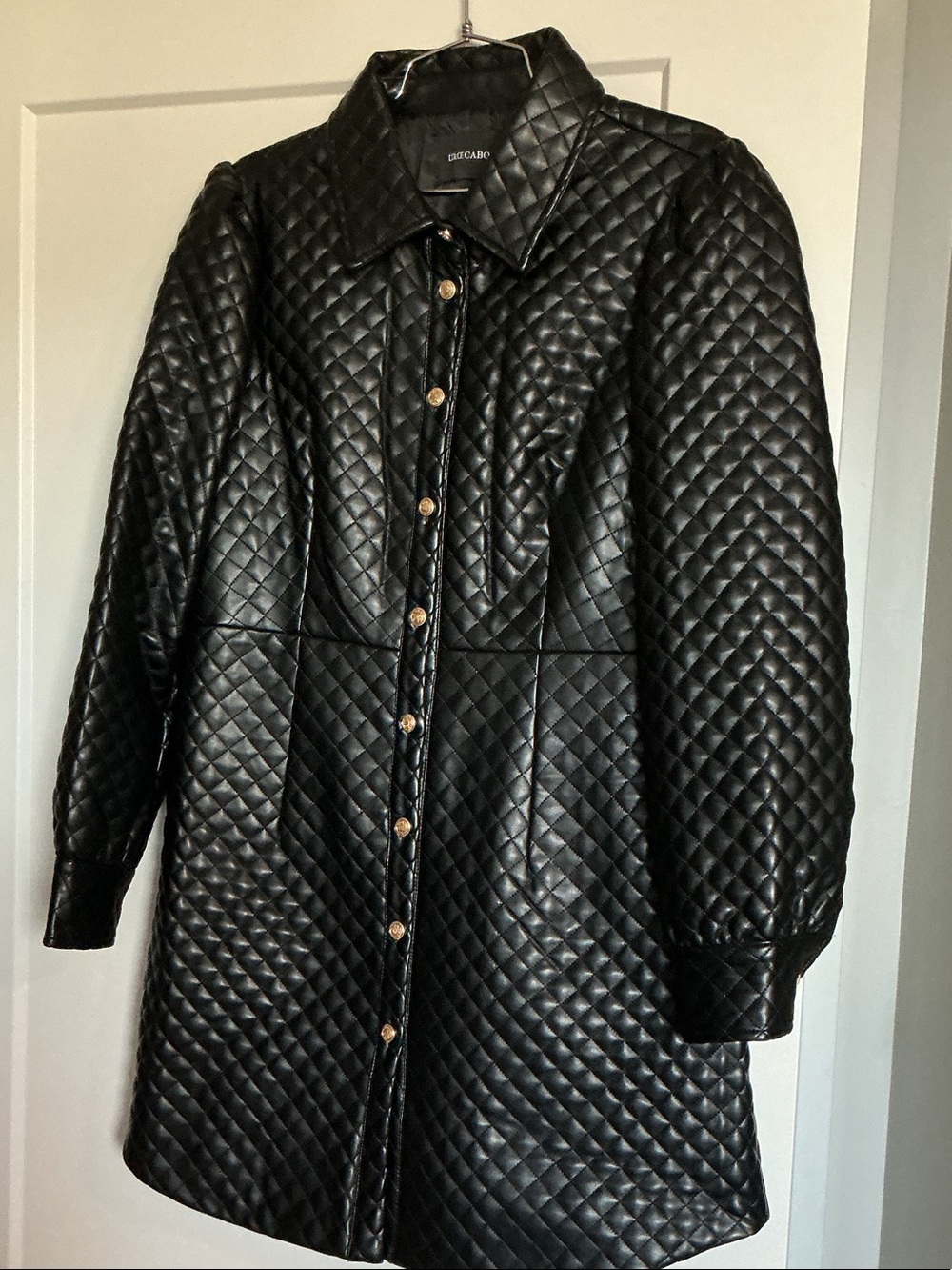 Dolce Cabo Black Quilted Faux-Leather Trench Coat with Gold Buttons